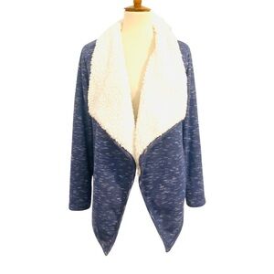 Green Tea Denim Blue Heather Sherpa Lined Open Cardigan Jacket Womens Sz L